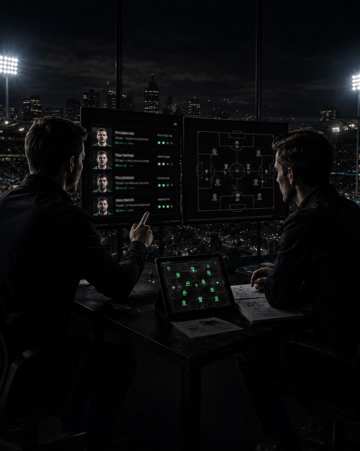 Recruitment team reviewing player profiles and tactical screens