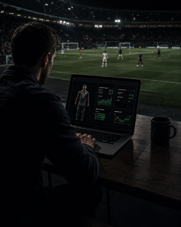 Transfer risk assessment dashboard viewed beside a football pitch