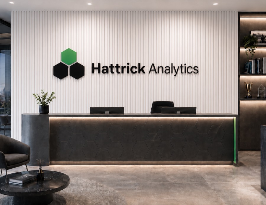 Hattrick Analytics London office reception with football analysis displays