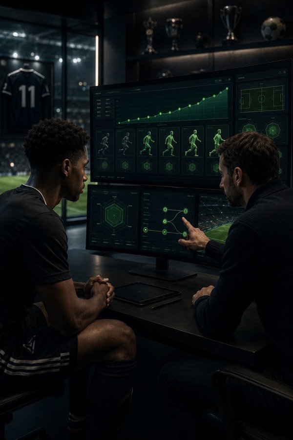 Player and advisor reviewing long term career development data