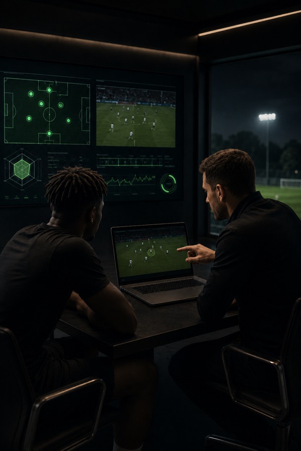 Player receiving one-to-one consultation with match analysis screens