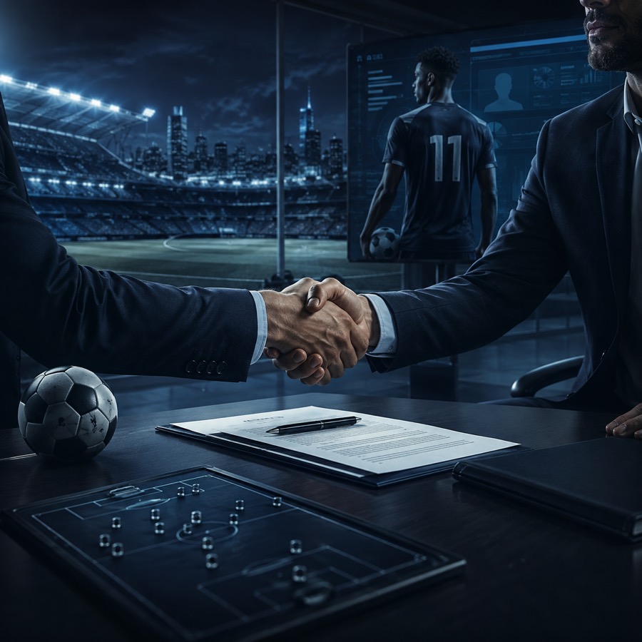 Football agent and club representative shaking hands during a player discussion