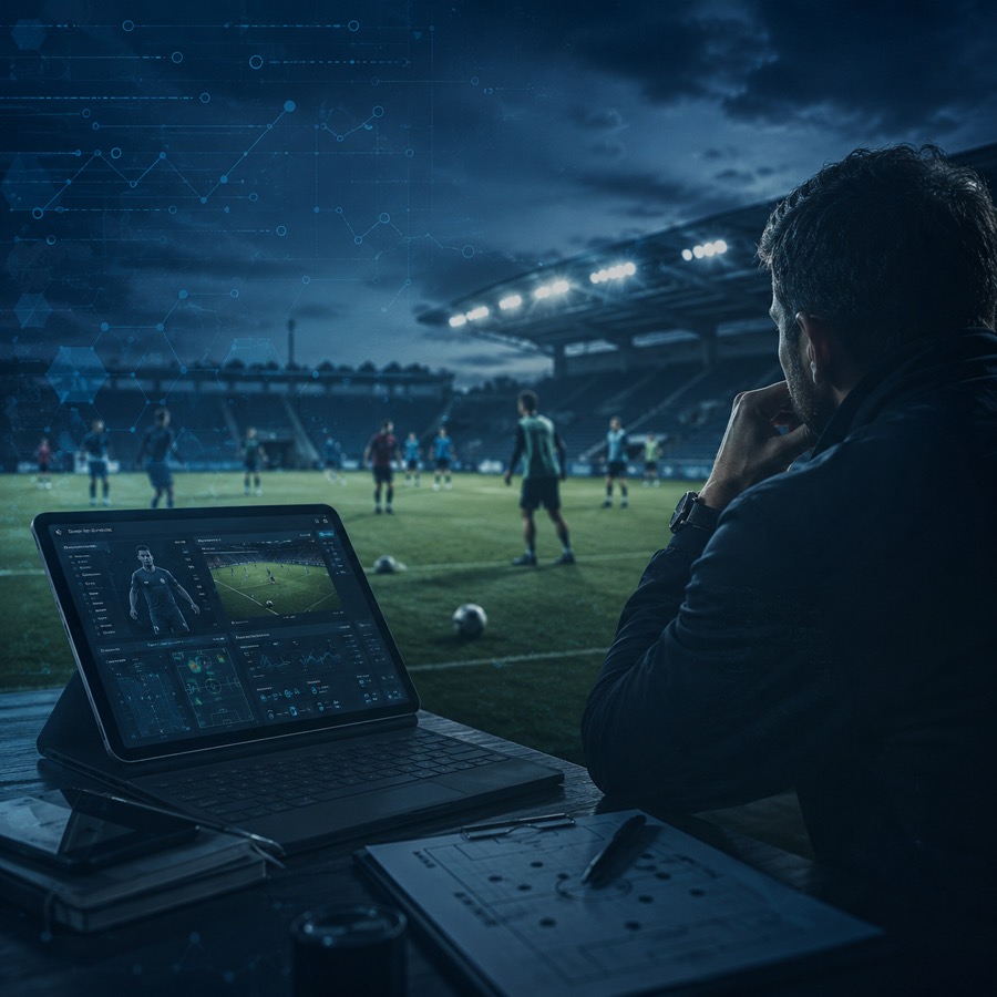 Football recruitment staff reviewing a player in a stadium environment