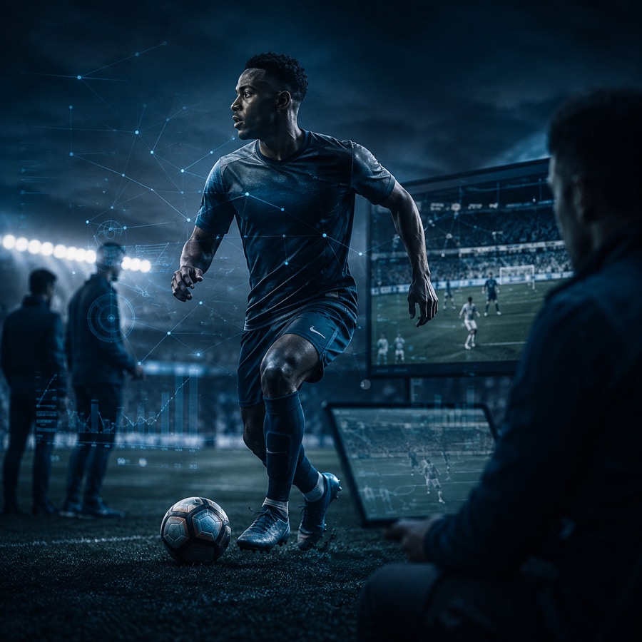 Football player action with tactical performance analysis overlay